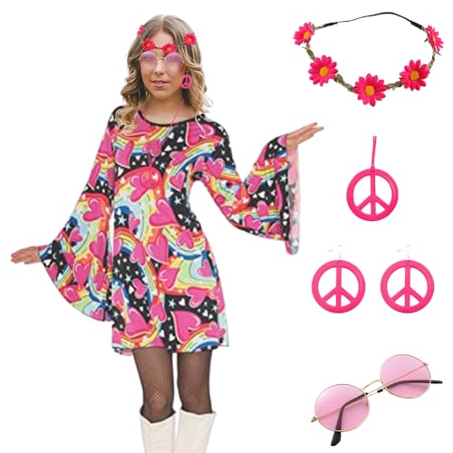 FARYODI Kostüm 70er Jahre Damen, Halloween Party Kleid, Halloween Kostüm Damen Vintage mit Halskette Ohrringe Sonnenbrille Passend für Halloween, Karneval von FARYODI