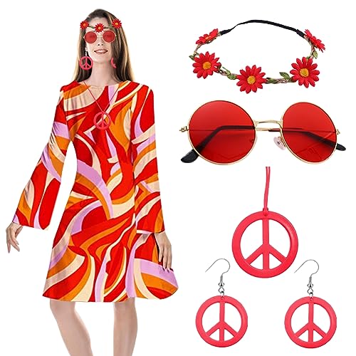 FARYODI Retro Hippie-Kostüm damen für Frauen - 70er Jahre Kleid, Halskette, Ohrringe und Sonnenbrille im Disco-Stil, perfekt für 61er Jahre Partys, Halloween oder andere Retro-Events von FARYODI