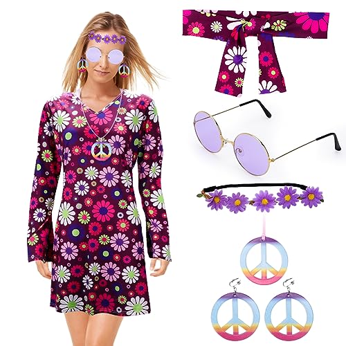 FARYODI Retro Hippie-Kostüm damen für Frauen - 70er Jahre Kleid, Halskette, Ohrringe und Sonnenbrille im Disco-Stil, perfekt für 73er Jahre Partys, Halloween oder andere Retro-Events von FARYODI