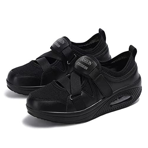 FARZAH Damen-Mesh-Wanderschuhe Damen-Stoßdämpfende Luftkissen-Turnschuhe Verstellbare atmungsaktive lässige Plattform-Trainer rutschfeste leichte Turnschuhe (Color : Black, Size : 40 EU) von FARZAH