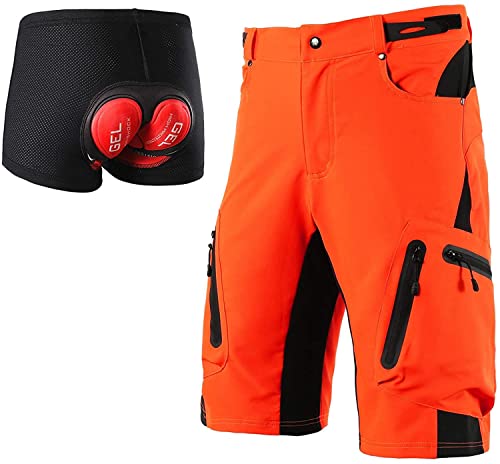 Herren MTB Hose mit 3D Sitzpolster Radhose Kurz Männer Fahrradhose, Schnelltrocknend Atmungsaktiv Herren Radlerhose Mountainbike Hose (Orange mit Pad,M) von FASCINATDECO
