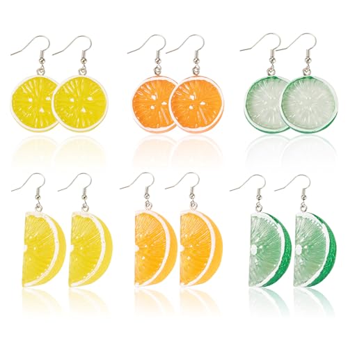 FASHEWELRY 6 Paar Obst baumeln Ohrringe 3D Orange Zitrone Scheibe Tropfen baumeln Ohrringe Sommer Obst Ohrringe mit Harz Anhänger Obst Schmuck für Frauen, 40-60mm long, Harz, Kein Edelstein von FASHEWELRY