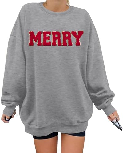 FASHGL Merry Sweatshirt Damen Weihnachten Glitzer Patch Brief Print Langarm Pullover Top, Hellgrau, S von FASHGL