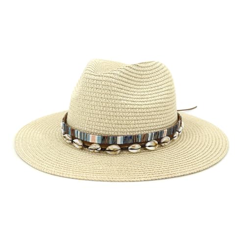 FASHIIROW Stroh Sommerhut Damen- Und Herren -Strohhalm Hut Panama Fedora Sommerhut Mit Gürtel Breiter Krempe Strand Sonnenhut-Beige-M von FASHIIROW