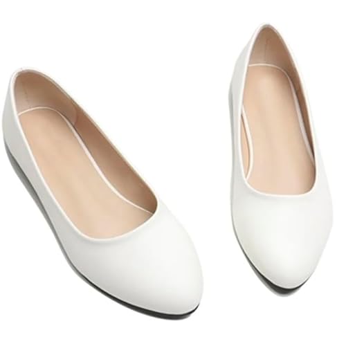 Bequeme flache Damen-Ballett-Pumps, Slip-On mit spitzem klassischem geschlossenem Zehen-Design, ideal für Freizeitkleidung, Fahren, Spazierengehen, Weiß matt, 41 EU von FASHION 7STAR