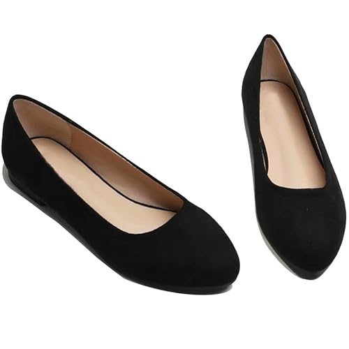 Bequeme flache Damen-Ballett-Pumps, Slip-On mit spitzem klassischem geschlossenem Zehen-Design, ideal für Freizeitkleidung, Fahren, Spazierengehen, schwarze Velourslederoptik, 40 EU von FASHION 7STAR