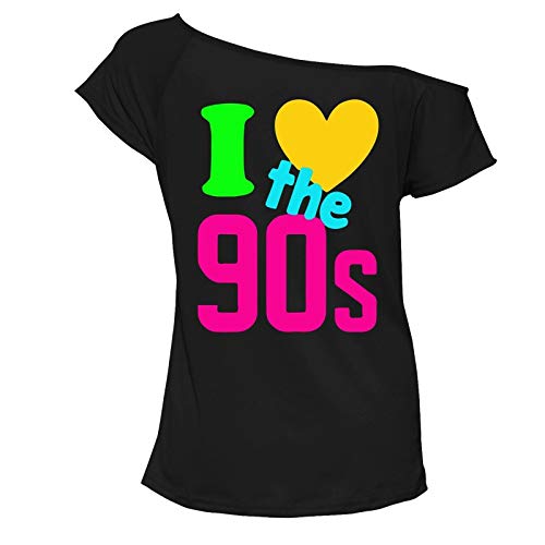 Damen T-Shirt mit Aufschrift "I Love The 90er Jahre", schulterfrei, Party-Shirt zum Ausgehen, Party-T-Shirt, Schwarz , 38-40 von FASHION 7STAR