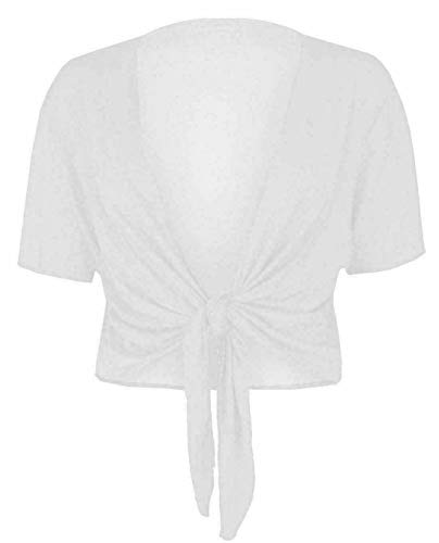 FASHION 7STAR Damen Casual Tie Up Crop Top Damen Kurzarm Stretch Open Top Bolero Shrug Größen 36-54, weiß, 34-36 von FASHION 7STAR