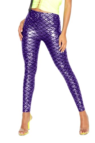 FASHION 7STAR Damen Fancy Dance Party Meerjungfrau Metallic Leggings Mädchen Dehnbar Enge Disco Fischschuppen Bedruckte Leggings in voller Länge Hose Lila von FASHION 7STAR