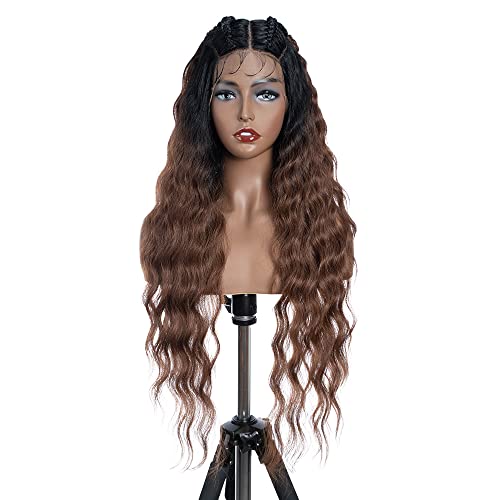 FASHION IDOL Lace Front Curly Wigs 31" with Baby Hair Long Synthetic Natural Water Wavy Wig for Black Women Ombre Auburn with E Type HD Lace Wig von FASHION IDOL