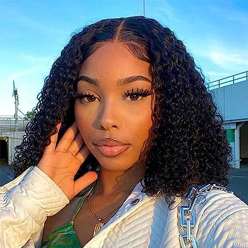 FASHION IDOL Deep Curly Natürlich Schwarz Bob Echthaarperücke Kurze lockige Lace Front Perücke für Frauen HD T Part Lace Front Vorgezupfte Perücken 180% Dichte von FASHION IDOL