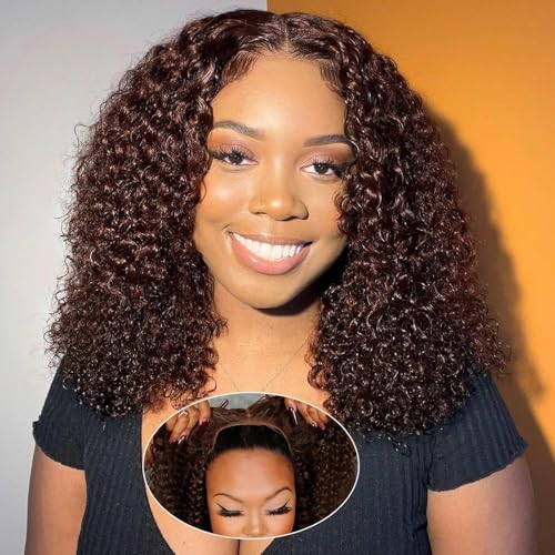 FASHION IDOL Deep Curly Bob Echthaarperücke Kurze lockige Lace Front Perücke für Frauen HD T Part Lace Front Vorgezupfte Perücken 180% Dichte Schokoladenbraun von FASHION IDOL
