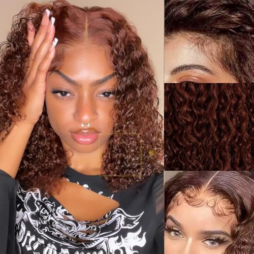 FASHION IDOL Deep Curly Bob Echthaarperücke Kurze lockige Lace Front Perücke für Frauen HD T Part Lace Front Vorgezupfte Perücken 180% Dichte Schokoladenbraun von FASHION IDOL