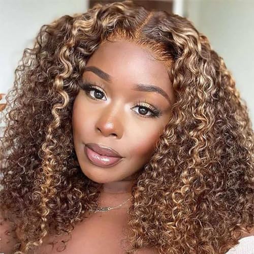 FASHION IDOL Deep Curly Hochglanzfarbe Bob Echthaarperücke Kurze lockige Lace Front Perücke für Frauen HD T Part Lace Front Vorgezupfte Perücken 180% Dichte von FASHION IDOL