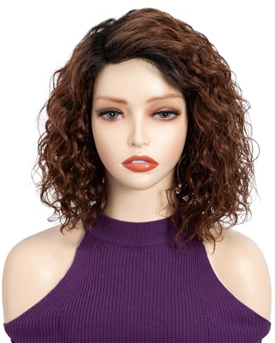 FASHION IDOL Kurze lockige Echthaar-Bob-Perücken für Frauen tragen und gehen Deep Wave Lace Front Perücke C-Teil 12“ Perücke Pre gerupft mit Babyhaar Schokoladenbraun 180% Dichte von FASHION IDOL