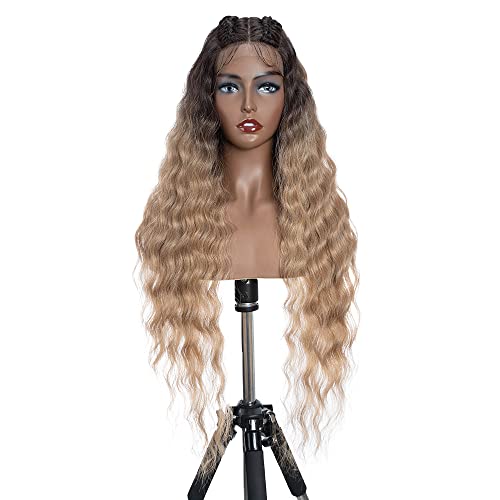 FASHION IDOL Lace Front Curly Wigs 31" with Baby Hair Long Synthetic Natural Water Wavy Wig for Black Women Ombre Gold with E Type HD Lace Wig von FASHION IDOL