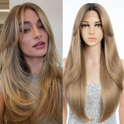 FASHION IDOL Perücke für Frauen Synthetische Spitze Front Tür Vorhang Pony in der Split Lace Hair Stitching Layered Farbe Perücke (71CM, RT6/23C) von FASHION IDOL