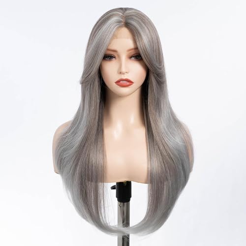 FASHION IDOL Perücke für Frauen Synthetische Spitze Front Tür Vorhang Pony in der Split Lace Hair Stitching Layered Farbe Perücke (PD T30W/60F/60M, 71CM) von FASHION IDOL