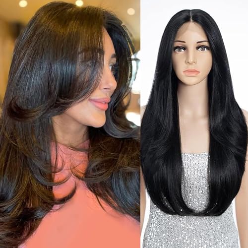 FASHION IDOL Perücke für Frauen Synthetische Spitze Front Tür Vorhang Pony in der Split Lace Hair Stitching Layered Farbe Perücke von FASHION IDOL