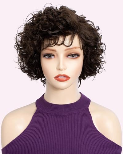 FASHION IDOL Pixie Curly Naturbraune Echthaarperücke C-Typ Lace Wear and Go Kurze lockige Bob Perücke für Frauen 8 Zoll von FASHION IDOL
