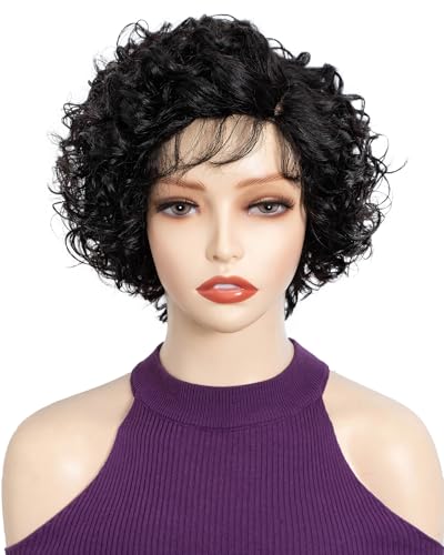 FASHION IDOL Pixie Curly Schwarze Echthaarperücke C-Typ Lace Wear and Go Kurze lockige Bob Perücke für Frauen 8 Zoll von FASHION IDOL