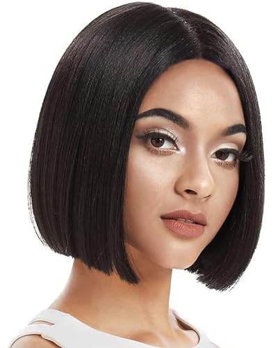 FASHION IDOL Schwarze Bob Lace Front Perücken für Frauen Synthetisches mittleres T-Teil Lace Front Perücken 10 Zoll Hitzebeständige Fasern Bob Perücke für den täglichen Partygebrauch von FASHION IDOL