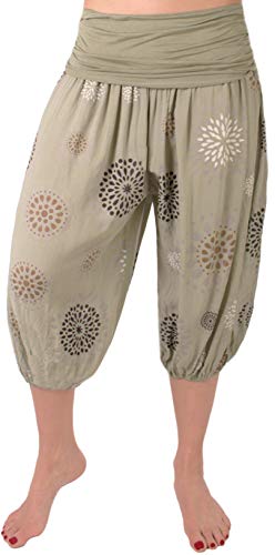 Fashion You Want Damen Kurze Sommerhose Capri Hose 7/8 Pumphose Haremshose Größe 34/36 bis Größe 48/50 verfügbar mit Blumenmuster Flower Leichte Haremshose (PB Khaki, 46/48) von FASHION YOU WANT.DE