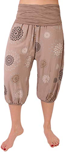 Fashion You Want Damen Kurze Sommerhose Capri Hose 7/8 Pumphose Haremshose Größe 34/36 bis Größe 48/50 verfügbar mit Blumenmuster Flower Leichte Haremshose (PB Schlamm, 36/38) von FASHION YOU WANT.DE