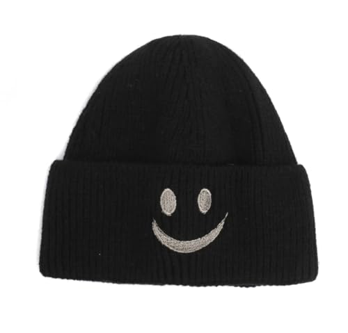 FASHION YOU WANT Beanie-Mützen für Herren, Unisex, Smiley, Bestickt, weich, SMILEY2 warm, Winter, Manschette, Strickmützen für Damen (DE/NL/SE/PL, Alphanumerisch, Einheitsgröße, schwarz) von FASHION YOU WANT