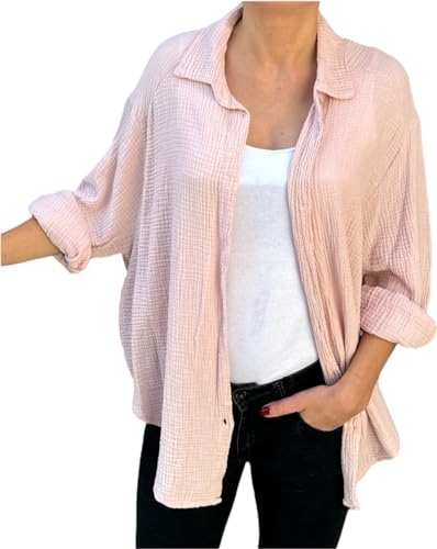 FASHION YOU WANT Bluse Damen Musselin Langarmshirt Baumwolle Gr.34-44 Lässig Oberteile Hemd Langarm Shirts Einfarbig Tops Hemdjacke (DE/NL/SE/PL, Numerisch, 34, 36, Regular, Regular, Hellrosa) von FASHION YOU WANT