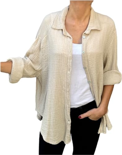 FASHION YOU WANT Bluse Damen Musselin Langarmshirt Baumwolle Gr.34-44 Lässig Oberteile Hemd Langarm Shirts Einfarbig Tops Hemdjacke (DE/NL/SE/PL, Numerisch, 34, 36, Regular, Regular, beige) von FASHION YOU WANT