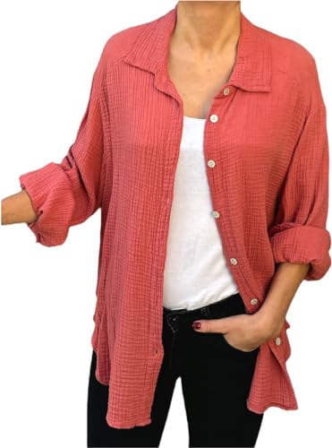 FASHION YOU WANT Bluse Damen Musselin Langarmshirt Baumwolle Gr.34-44 Lässig Oberteile Hemd Langarm Shirts Einfarbig Tops Hemdjacke (DE/NL/SE/PL, Numerisch, 34, 36, Regular, Regular, rost) von FASHION YOU WANT