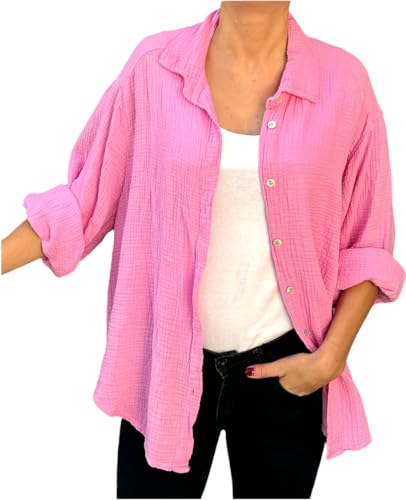 FASHION YOU WANT Bluse Damen Musselin Langarmshirt Baumwolle Gr.34-44 Lässig Oberteile Hemd Langarm Shirts Einfarbig Tops Hemdjacke (DE/NL/SE/PL, Numerisch, 36, 38, Regular, Regular, Fuchsia) von FASHION YOU WANT