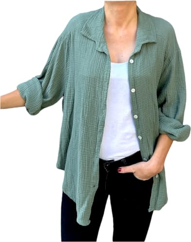 FASHION YOU WANT Bluse Damen Musselin Langarmshirt Baumwolle Gr.34-44 Lässig Oberteile Hemd Langarm Shirts Einfarbig Tops Hemdjacke (DE/NL/SE/PL, Numerisch, 36, 38, Regular, Regular, Khaki) von FASHION YOU WANT