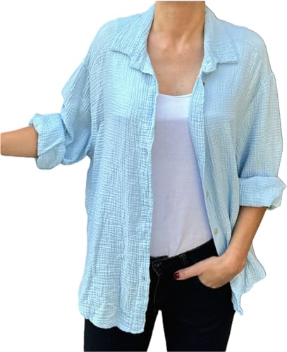 FASHION YOU WANT Bluse Damen Musselin Langarmshirt Baumwolle Gr.34-44 Lässig Oberteile Hemd Langarm Shirts Einfarbig Tops Hemdjacke (DE/NL/SE/PL, Numerisch, 36, 38, Regular, Regular, hellblau) von FASHION YOU WANT