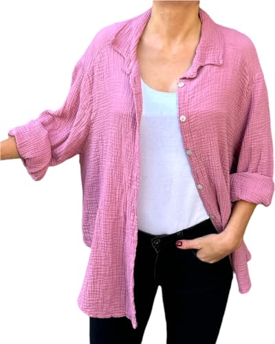 FASHION YOU WANT Bluse Damen Musselin Langarmshirt Baumwolle Gr.34-44 Lässig Oberteile Hemd Langarm Shirts Einfarbig Tops Hemdjacke (DE/NL/SE/PL, Numerisch, 38, 40, Regular, Regular, Altrosa) von FASHION YOU WANT