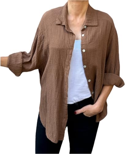 FASHION YOU WANT Bluse Damen Musselin Langarmshirt Baumwolle Gr.34-44 Lässig Oberteile Hemd Langarm Shirts Einfarbig Tops Hemdjacke (DE/NL/SE/PL, Numerisch, 38, 40, Regular, Regular, braun) von FASHION YOU WANT
