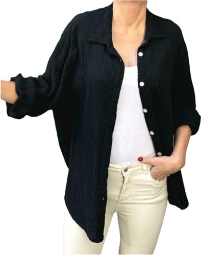 FASHION YOU WANT Bluse Damen Musselin Langarmshirt Baumwolle Gr.34-44 Lässig Oberteile Hemd Langarm Shirts Einfarbig Tops Hemdjacke (DE/NL/SE/PL, Numerisch, 38, 40, Regular, Regular, schwarz) von FASHION YOU WANT