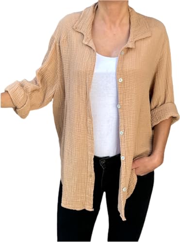 FASHION YOU WANT Bluse Damen Musselin Langarmshirt Baumwolle Gr.34-44 Lässig Oberteile Hemd Langarm Shirts Einfarbig Tops Hemdjacke (DE/NL/SE/PL, Numerisch, 40, 42, Regular, Regular, Dunkelbeige) von FASHION YOU WANT