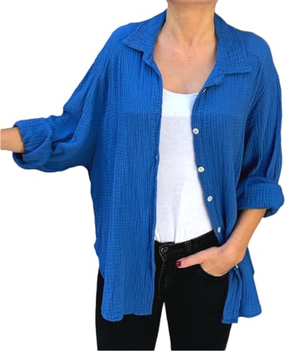 FASHION YOU WANT Bluse Damen Musselin Langarmshirt Baumwolle Gr.34-44 Lässig Oberteile Hemd Langarm Shirts Einfarbig Tops Hemdjacke (DE/NL/SE/PL, Numerisch, 40, 42, Regular, Regular, Royalblau) von FASHION YOU WANT