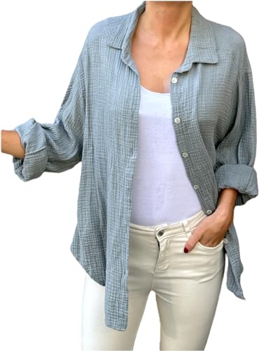 FASHION YOU WANT Bluse Damen Musselin Langarmshirt Baumwolle Gr.34-44 Lässig Oberteile Hemd Langarm Shirts Einfarbig Tops Hemdjacke (DE/NL/SE/PL, Numerisch, 40, 42, Regular, Regular, dunkelgrau) von FASHION YOU WANT