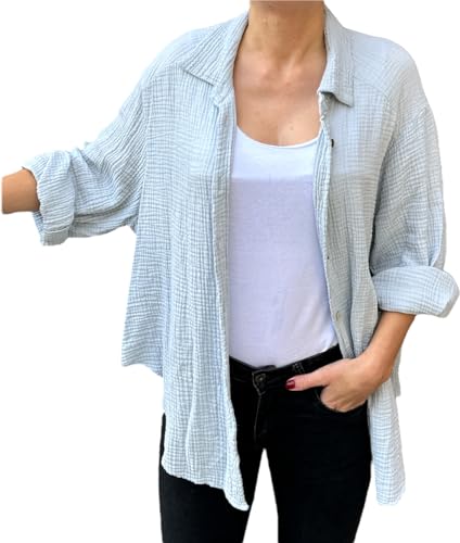 FASHION YOU WANT Bluse Damen Musselin Langarmshirt Baumwolle Gr.34-44 Lässig Oberteile Hemd Langarm Shirts Einfarbig Tops Hemdjacke (DE/NL/SE/PL, Numerisch, 40, 42, Regular, Regular, hellgrau) von FASHION YOU WANT