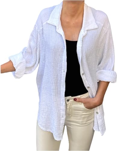 FASHION YOU WANT Bluse Damen Musselin Langarmshirt Baumwolle Gr.34-44 Lässig Oberteile Hemd Langarm Shirts Einfarbig Tops Hemdjacke (DE/NL/SE/PL, Numerisch, 40, 42, Regular, Regular, weiß) von FASHION YOU WANT