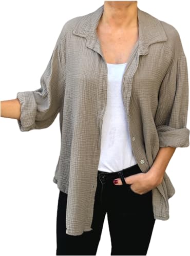 FASHION YOU WANT Bluse Damen Musselin Langarmshirt Baumwolle Gr.34-44 Lässig Oberteile Hemd Langarm Shirts Einfarbig Tops Hemdjacke (DE/NL/SE/PL, Numerisch, 42, 44, Regular, Regular, Schlamm) von FASHION YOU WANT