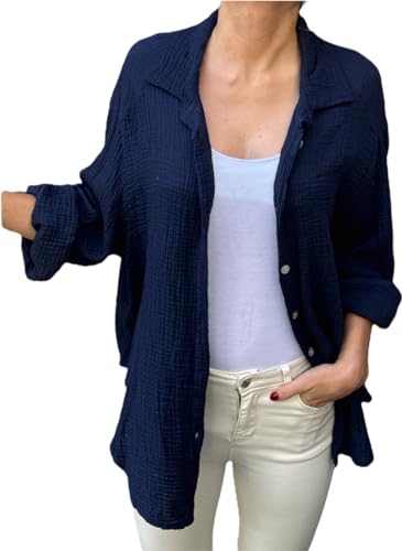 FASHION YOU WANT Bluse Damen Musselin Langarmshirt Baumwolle Gr.34-44 Lässig Oberteile Hemd Langarm Shirts Einfarbig Tops Hemdjacke (DE/NL/SE/PL, Numerisch, 42, 44, Regular, Regular, dunkelblau) von FASHION YOU WANT