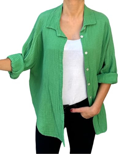 FASHION YOU WANT Bluse Damen Musselin Langarmshirt Baumwolle Gr.34-44 Lässig Oberteile Hemd Langarm Shirts Einfarbig Tops Hemdjacke (DE/NL/SE/PL, Numerisch, 42, 44, Regular, Regular, grün) von FASHION YOU WANT