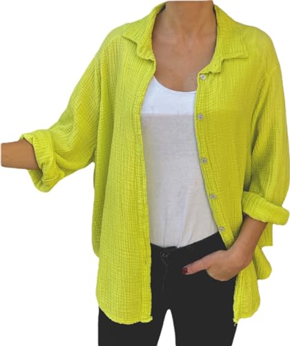 FASHION YOU WANT Bluse Damen Musselin Langarmshirt Baumwolle Gr.34-44 Lässig Oberteile Hemd Langarm Shirts Einfarbig Tops Hemdjacke (DE/NL/SE/PL, Numerisch, 42, 44, Regular, Regular, hellgelb) von FASHION YOU WANT