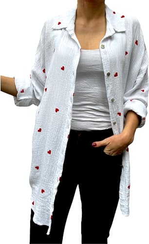 FASHION YOU WANT Bluse Damen Musselin Langarmshirt Baumwolle Gr.34-50 Lässig Oberteile Hemd Einfarbig Tops Hemdjacke (DE/NL/SE/PL, Numerisch, 40, 42, Regular, Regular, Herz weiß/rot) von FASHION YOU WANT