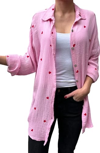 FASHION YOU WANT Bluse Damen Musselin Langarmshirt Baumwolle Gr.34-50 Lässig Oberteile Hemd Einfarbig Tops Hemdjacke (DE/NL/SE/PL, Numerisch, 42, 44, Regular, Regular, Herz knallrosa/rot) von FASHION YOU WANT