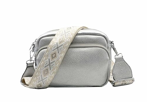 FASHION YOU WANT Crossbody Bag Damen Leder Breiter Gurt Handtasche Umhängetasche Moderne Taschen mit breitem Schultergurt,Abnehmbarer Schultergurt,Schwarz. (silber) von FASHION YOU WANT